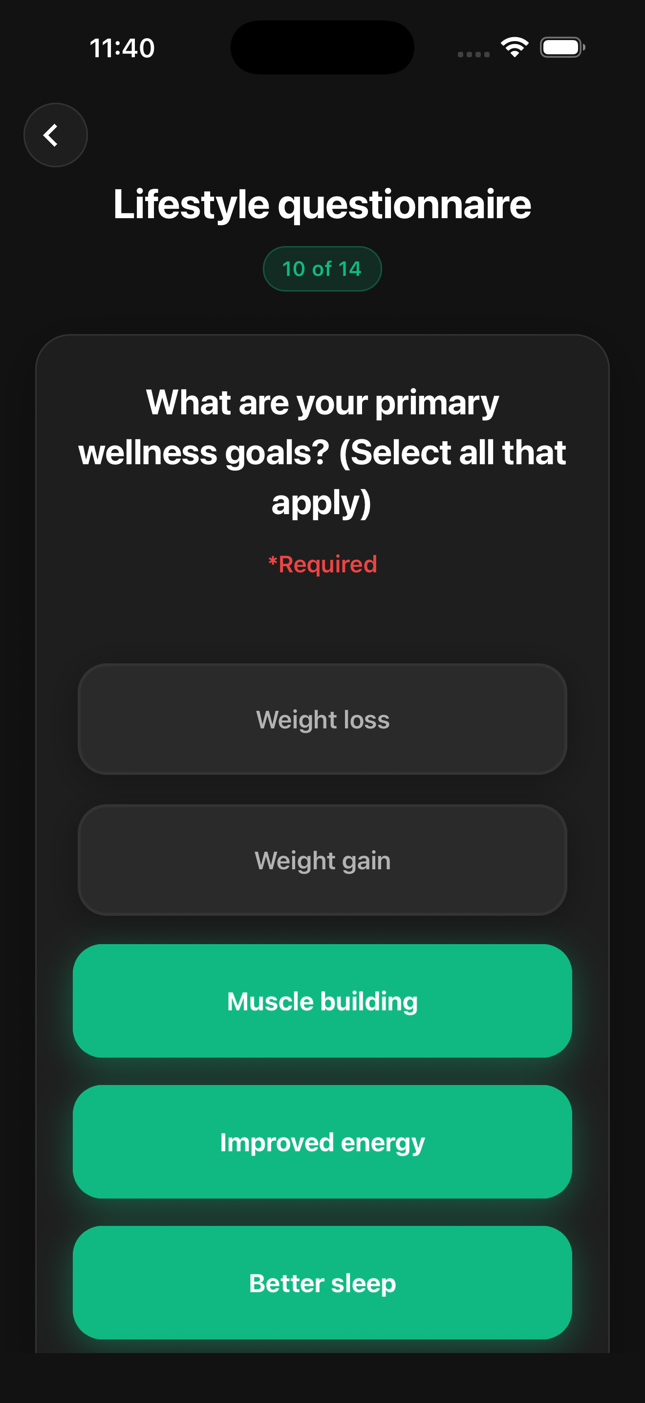 SupplementAI lifestyle questionnaire for personalized supplement matching
